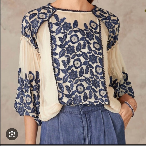 Sundance Tops - Sundance Boho Luiza Silk Embroidered Sheer Blouse Size Medium NWT Cream Blue